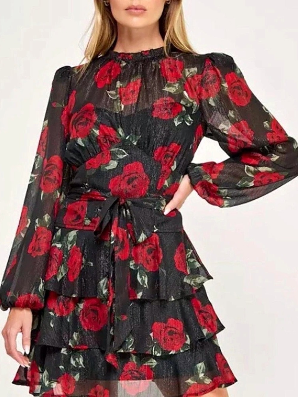 Trixxi Floral Tiered Mini Dress in Black & Red Size Large